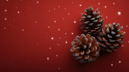 Poster - Rich red texture with shadowed pine cones and twinkling stars forming a soft edge frame, center left empty