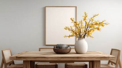 Poster - Rustic dining table with centerpiece flowers and empty seats, large blank wall in frame