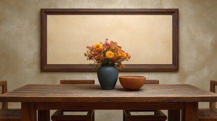 Poster - Rustic dining table with centerpiece flowers and empty seats, large blank wall in frame