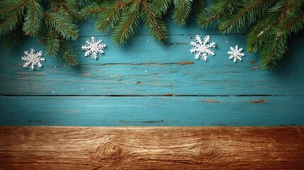 Poster - Rustic wood table background decorated with small ornaments, snowflakes and fir branches, with a copy space gap