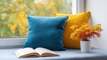 Poster - Scandinavian-style reading nook with natural light, open book, cushions, and copy space beside the chair