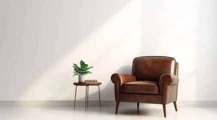 Fototapete - 白い壁の背景に革製アームチェアとサイドテーブルの上に緑の植物があるミニマルな室内