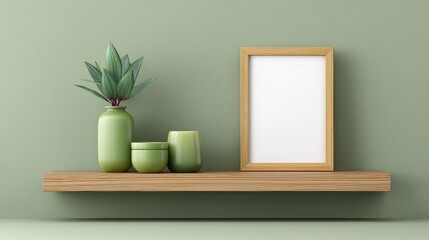 Poster - Shelf with plants, ceramics, and framed art in a modern interior, copy space to the right