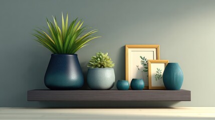 Poster - Shelf with plants, ceramics, and framed art in a modern interior, copy space to the right
