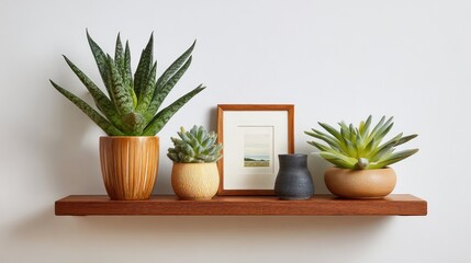 Poster - Shelf with plants, ceramics, and framed art in a modern interior, copy space to the right