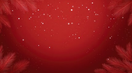 Poster - Simple red background with elegant glitter frame of stars and pine leaves, soft glow effect, copy space inside