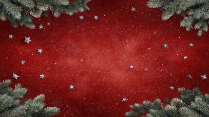 Poster - Simple red background with elegant glitter frame of stars and pine leaves, soft glow effect, copy space inside