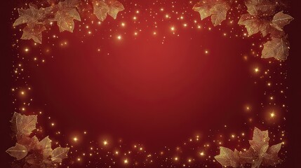 Poster - Simple red background with elegant glitter frame of stars and pine leaves, soft glow effect, copy space inside