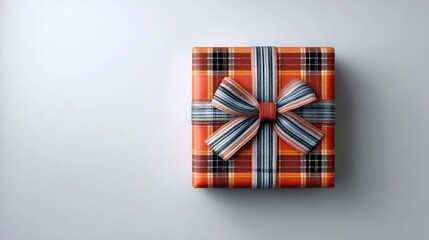 Poster - Single Christmas present with plaid bow on white surface, minimal style with clean composition and copy space