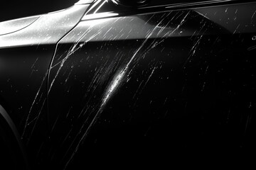 Poster - Scratches on car body surface captured in dramatic lighting with high contrast