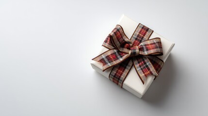 Poster - Single Christmas present with plaid bow on white surface, minimal style with clean composition and copy space