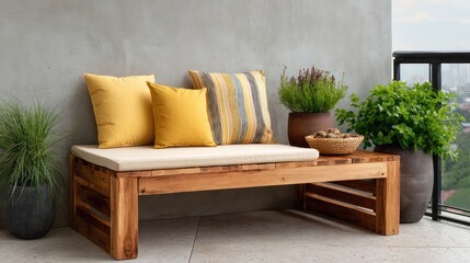 Fototapete - Small urban balcony with cushions, table, and plants, clean backdrop wall for copy space