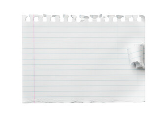 Poster - Torn sheet of lined notebook paper with a curled edge isolated on a transparent background, ready for notes