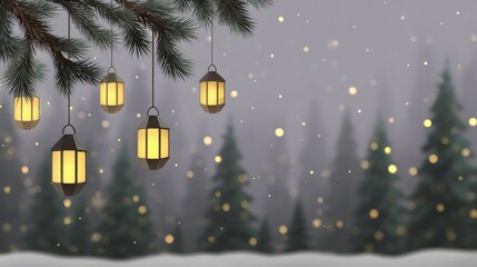 Poster - Soft snowfall over blurred pine forest with glowing lanterns and twinkling stars, gentle atmosphere with copy space