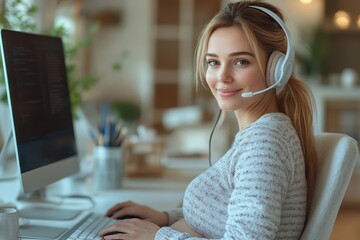 Poster - Pregnant woman working from home office while wearing a headset