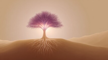 Poster - Spiritual tree of life glowing on a meditative soft beige background, gentle aesthetic with copy space