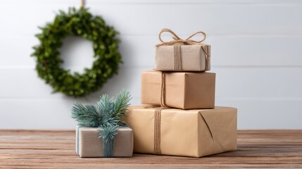 Poster - Stack of wrapped gifts beside a holiday wreath on wooden floor, cozy home vibe with soft natural light and copy area