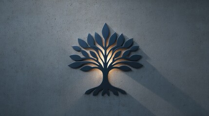Poster - Stylized metal sculpture of the tree of life on concrete background, dramatic shadows and empty space
