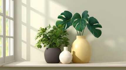 Poster - Sunny windowsill with potted plants, vases, and blank light wall for overlay design