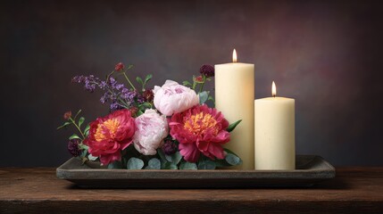 Poster - Tabletop with candles, tray, and fresh flowers on wooden surface, soft background and copy space