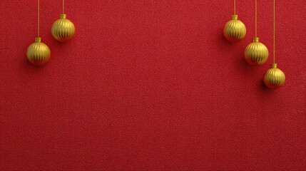 Poster - Textured red surface with subtle snowflakes in pattern and gold Christmas baubles hanging from top edge