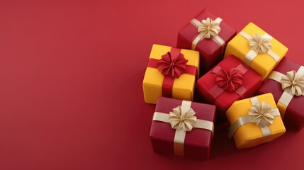 Poster - Top view of multiple small gift boxes with red and gold wrapping arranged in a corner on a red background with lots of copy space