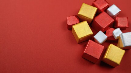 Poster - Top view of multiple small gift boxes with red and gold wrapping arranged in a corner on a red background with lots of copy space
