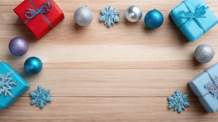 Poster - Top view of wrapped gifts surrounded by decorative snowflakes and ornaments on wooden background, empty center space
