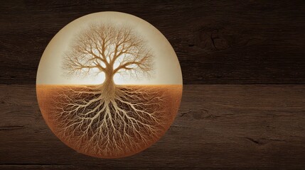 Poster - Tree of life etched into a wooden surface, top-down view with warm tones and space beside for overlay