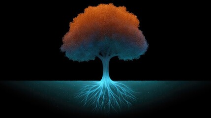 Poster - Tree of life formed from glowing particles and roots fading into light, placed on black background with space for design
