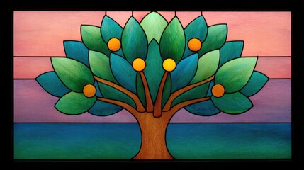 Poster - Tree of life illustration in stained glass style on rich colored background, dramatic visual and space for design