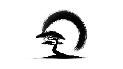 Poster - Tree of life in zen circular brush stroke style, black ink on white background with minimalist space