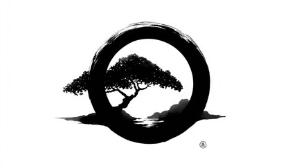 Poster - Tree of life in zen circular brush stroke style, black ink on white background with minimalist space