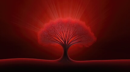 Poster - Tree of life made from intertwining light beams over a red and black gradient background, radiant with open space