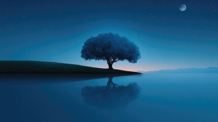 Poster - Tree of life silhouette reflected in water under glowing moonlight, nature scene with space above