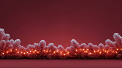 Poster - Velvet red background with glowing Christmas lights along bottom edge and snowy fir tips above, room for design