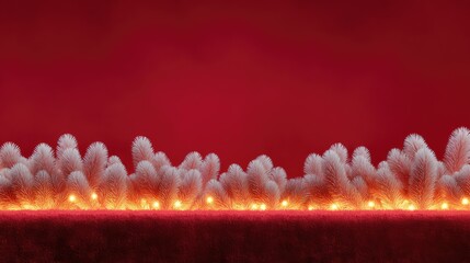 Poster - Velvet red background with glowing Christmas lights along bottom edge and snowy fir tips above, room for design