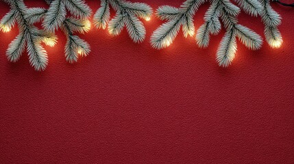 Poster - Velvet red background with glowing Christmas lights along bottom edge and snowy fir tips above, room for design