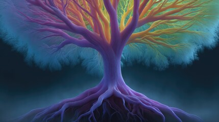 Poster - Vibrant digital rendering of tree of life with colorful branches and deep roots, background with copy space