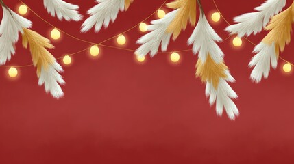 Aufkleber - Vibrant red background with snowy white pine tips and golden string lights draped along top, copy space below