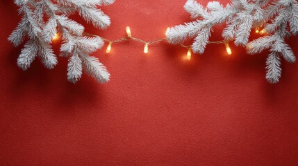 Aufkleber - Vibrant red background with snowy white pine tips and golden string lights draped along top, copy space below
