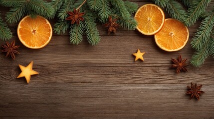 Fototapete - Warm wooden surface with scattered pine needles, dried orange slices, cinnamon sticks, and stars, clean area for overlay