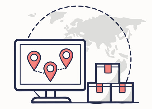 Global Delivery Network Computer Screen and Boxes Illustration