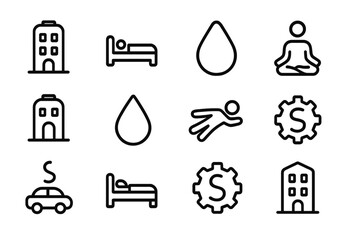 Poster - Minimalist icons set: travel, wellness, and business essentials in black linear style