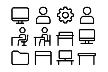 Fototapete - Minimalist office and tech icon set with linear designs