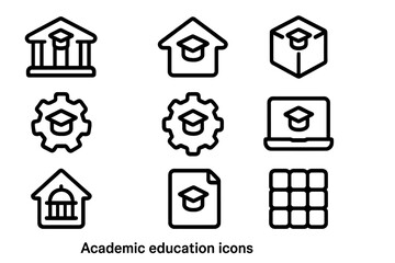 Poster - Minimalist education icons: academic, gear, laptop, cube, building designs