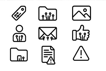 Fototapete - Tech interface icons with circuit elements in black linear style