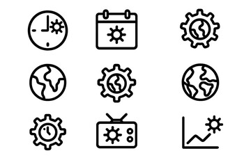 Poster - Linear icons set: time, calendar, globe, tv, chart, gears on dark background