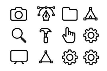 Poster - Minimalist dark icon set featuring tools and interface symbols in outline style