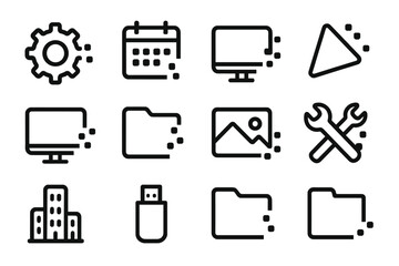 Poster - Dark mode minimalist icons set with technology and office elements